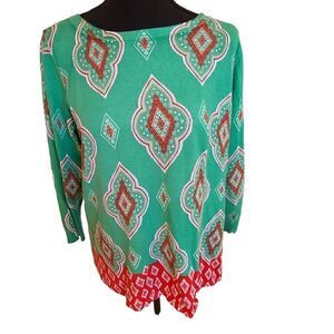 Joesph A Printed Green Red Keyhole Pull On Sweater Small